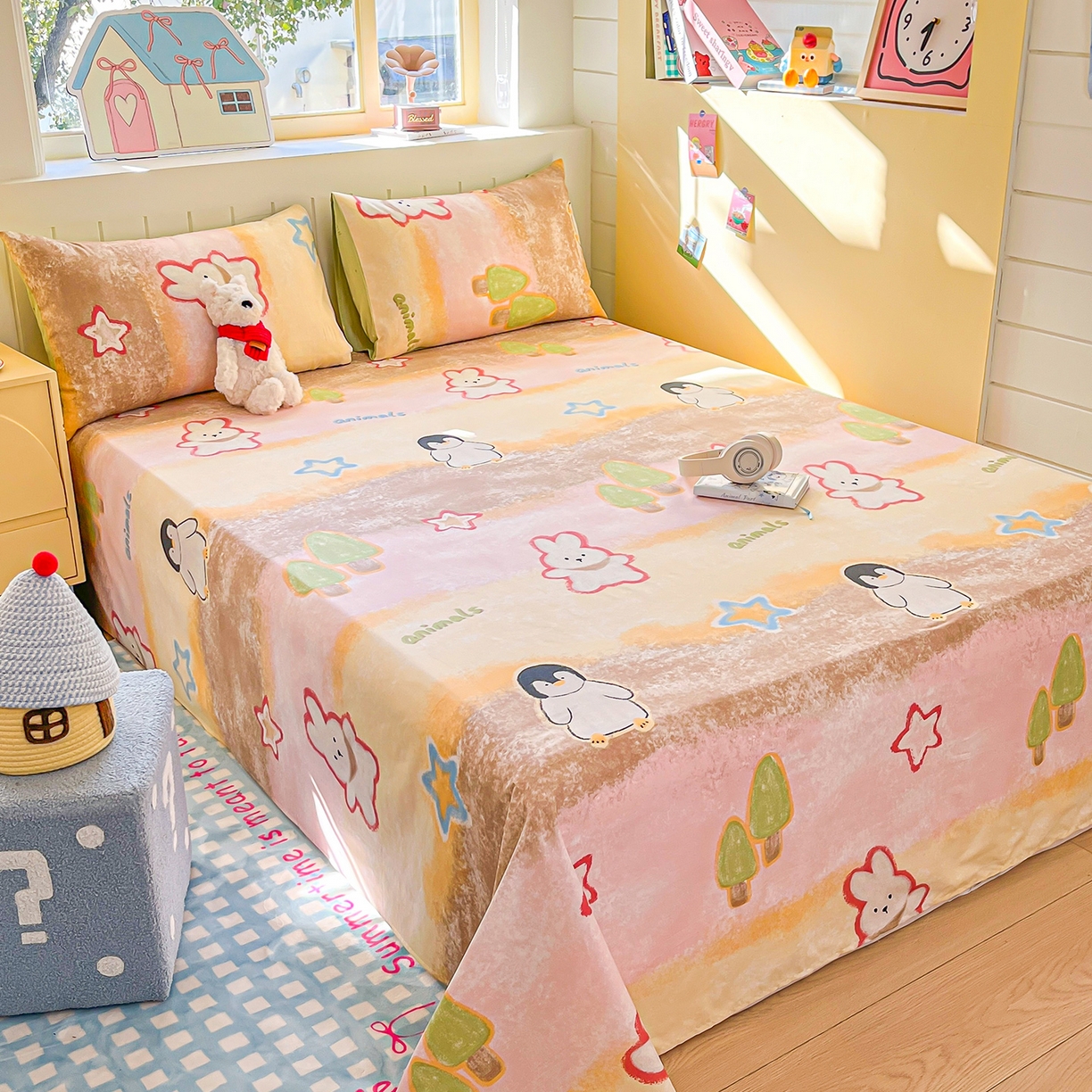 91家纺网 家纺一手货源 找家纺 瑞莱 2026新款纯棉全棉单品印花卡通床单枕套系列 呆萌企鹅