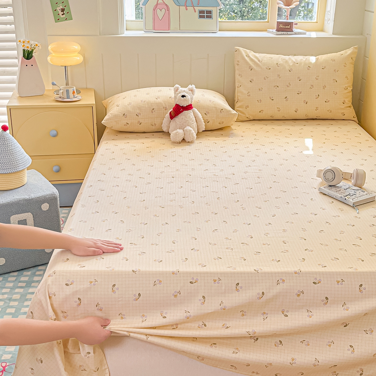 91家纺网 家纺一手货源 找家纺 瑞莱 2026新款纯棉全棉单品印花卡通床单枕套系列 樱桃格