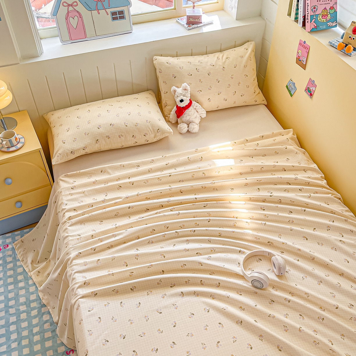 91家纺网 家纺一手货源 找家纺 瑞莱 2026新款纯棉全棉单品印花卡通床单枕套系列 樱桃格