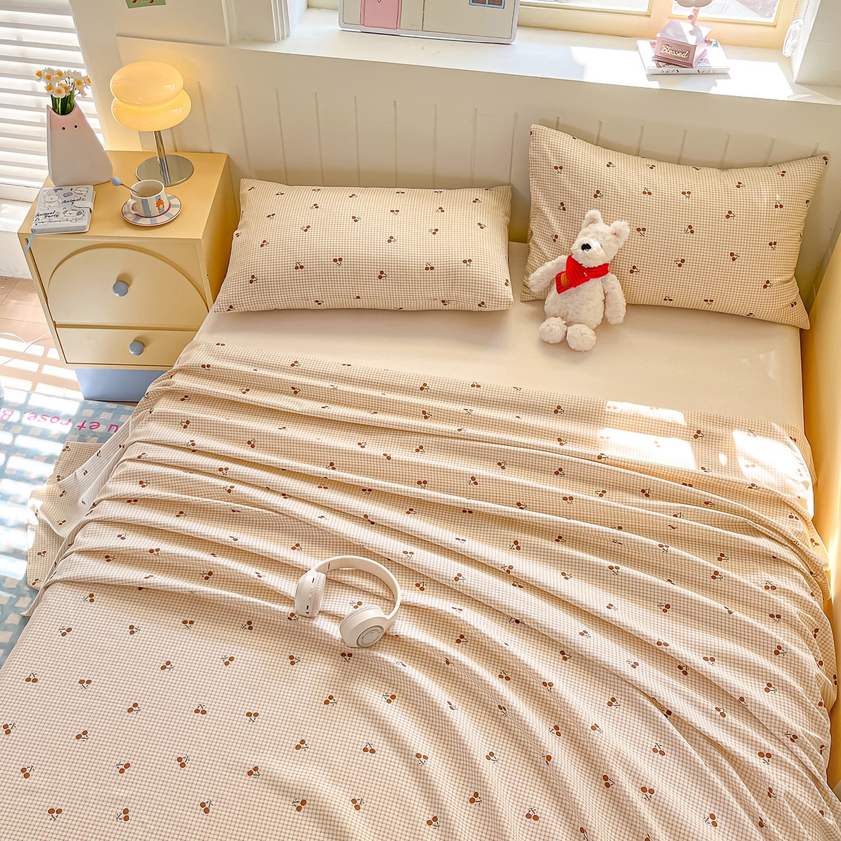 91家纺网 家纺一手货源 找家纺 瑞莱 2026新款纯棉全棉单品印花卡通床单枕套系列 樱桃点点