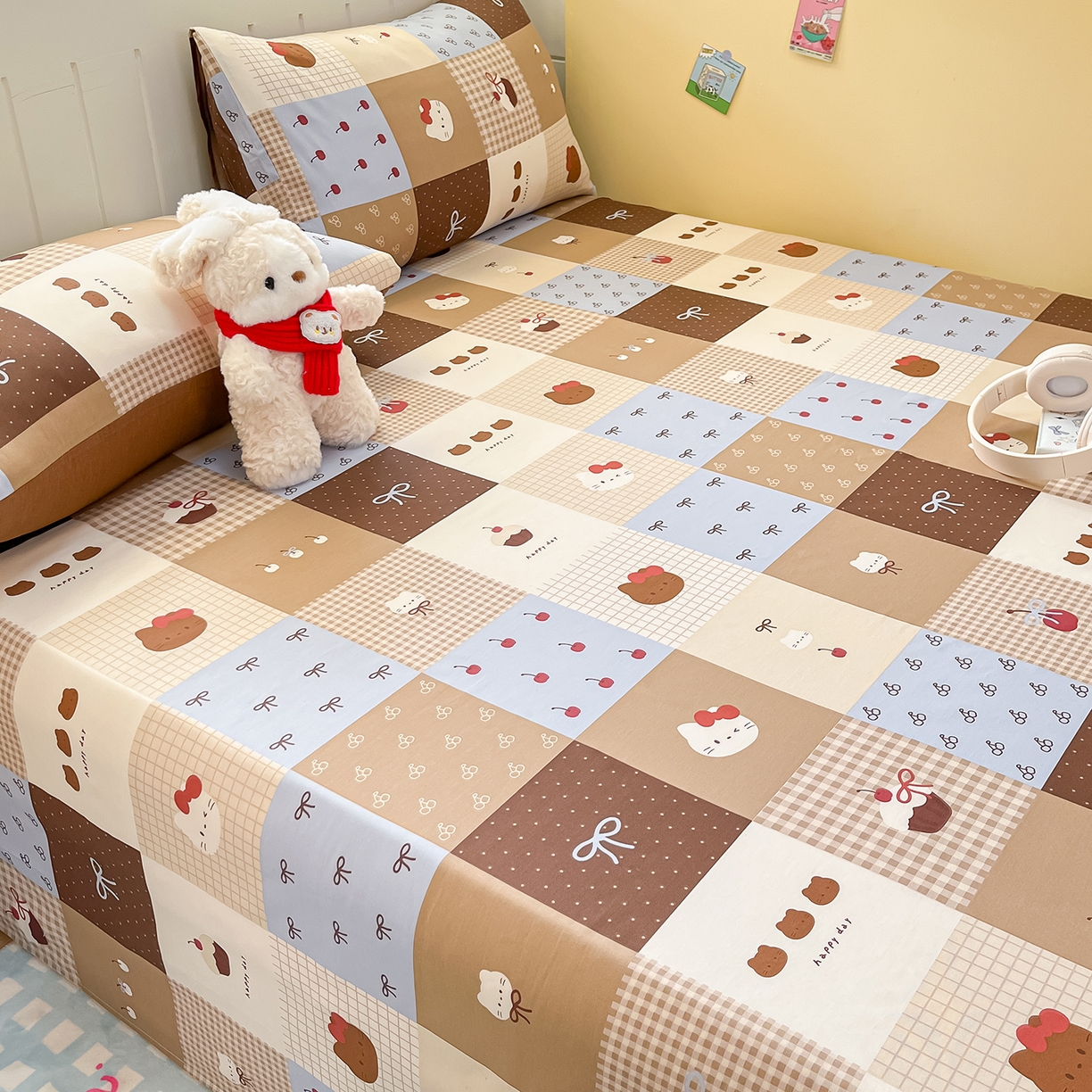 91家纺网 家纺一手货源 找家纺 瑞莱 2026新款纯棉全棉单品印花卡通床单枕套系列 樱桃猫咪