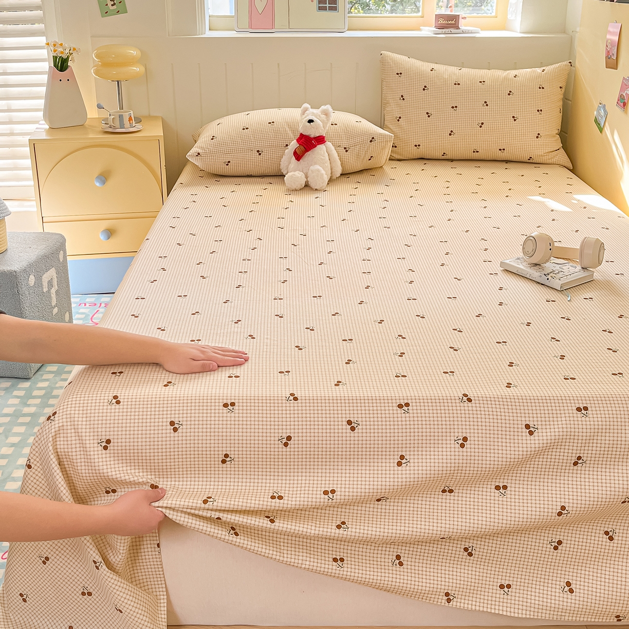 91家纺网 家纺一手货源 找家纺 瑞莱 2026新款纯棉全棉单品印花卡通床单枕套系列 樱桃点点