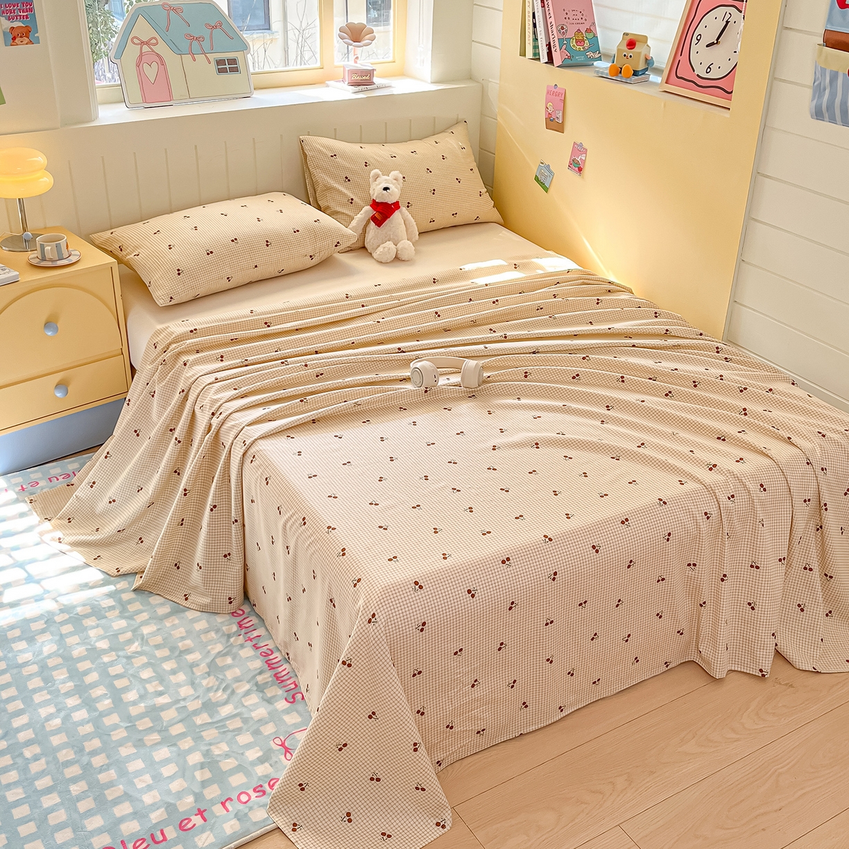 91家纺网 家纺一手货源 找家纺 瑞莱 2026新款纯棉全棉单品印花卡通床单枕套系列 樱桃点点