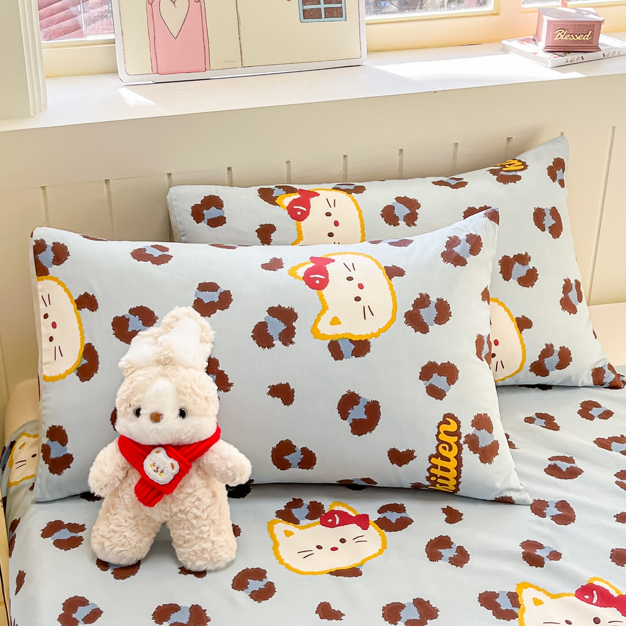 91家纺网 家纺一手货源 找家纺 瑞莱 2026新款纯棉全棉单品印花卡通床单枕套系列 千禧猫