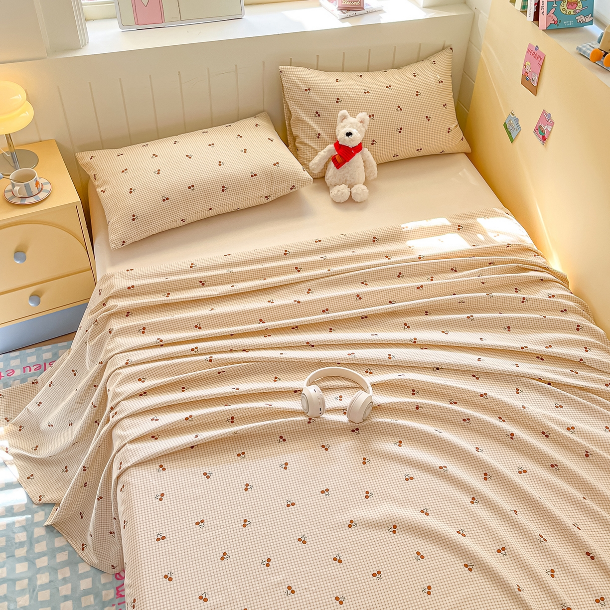 91家纺网 家纺一手货源 找家纺 瑞莱 2026新款纯棉全棉单品印花卡通床单枕套系列 樱桃点点