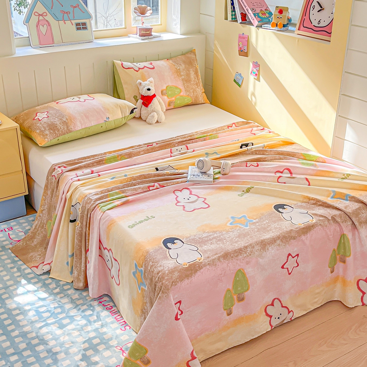 91家纺网 家纺一手货源 找家纺 瑞莱 2026新款纯棉全棉单品印花卡通床单枕套系列 呆萌企鹅