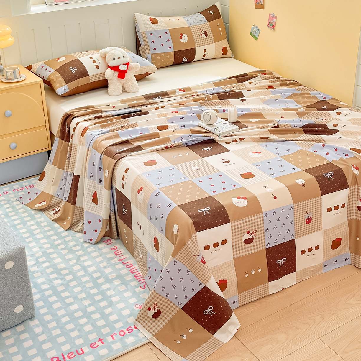 91家纺网 家纺一手货源 找家纺 瑞莱 2026新款纯棉全棉单品印花卡通床单枕套系列 樱桃猫咪