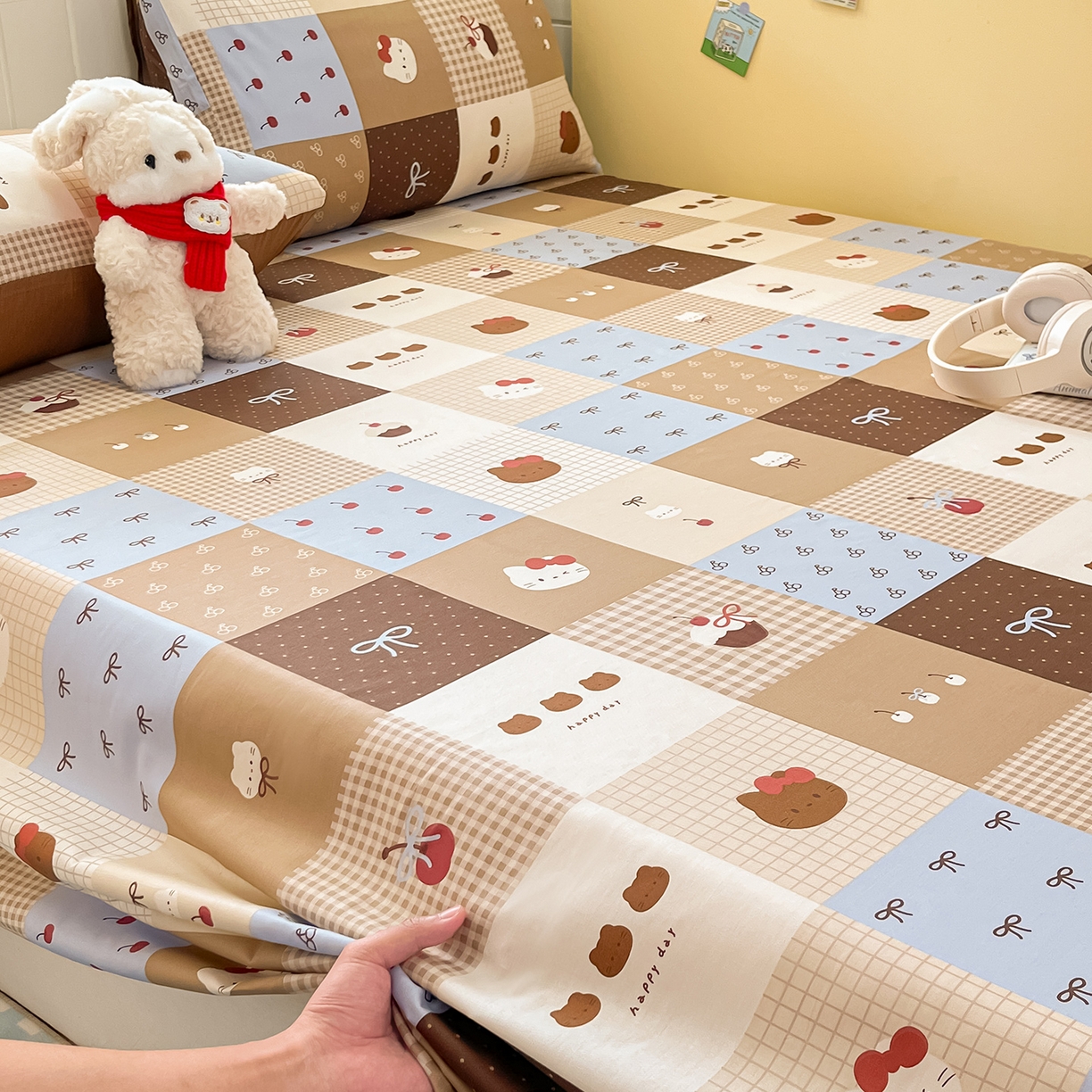 91家纺网 家纺一手货源 找家纺 瑞莱 2026新款纯棉全棉单品印花卡通床单枕套系列 樱桃猫咪