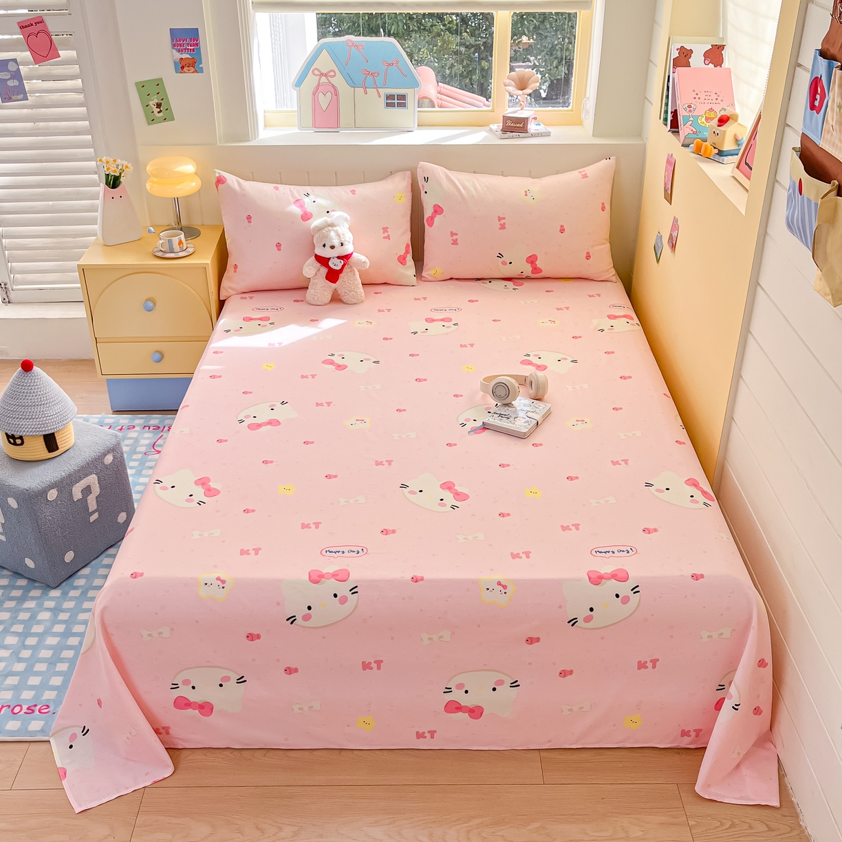 91家纺网 家纺一手货源 找家纺 瑞莱 2026新款纯棉全棉单品印花卡通床单枕套系列 蝴蝶结猫咪