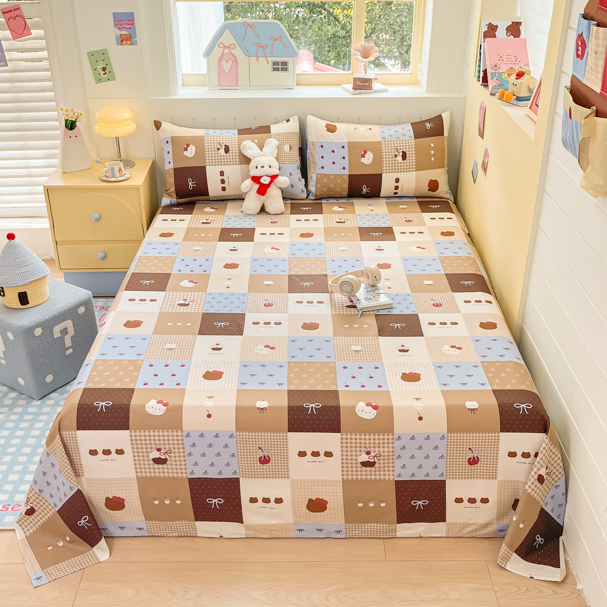 91家纺网 家纺一手货源 找家纺 瑞莱 2026新款纯棉全棉单品印花卡通床单枕套系列 樱桃猫咪