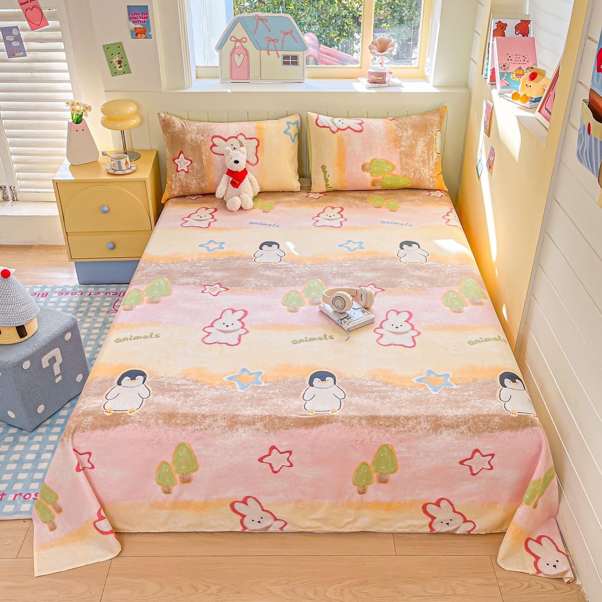 91家纺网 家纺一手货源 找家纺 瑞莱 2026新款纯棉全棉单品印花卡通床单枕套系列 呆萌企鹅