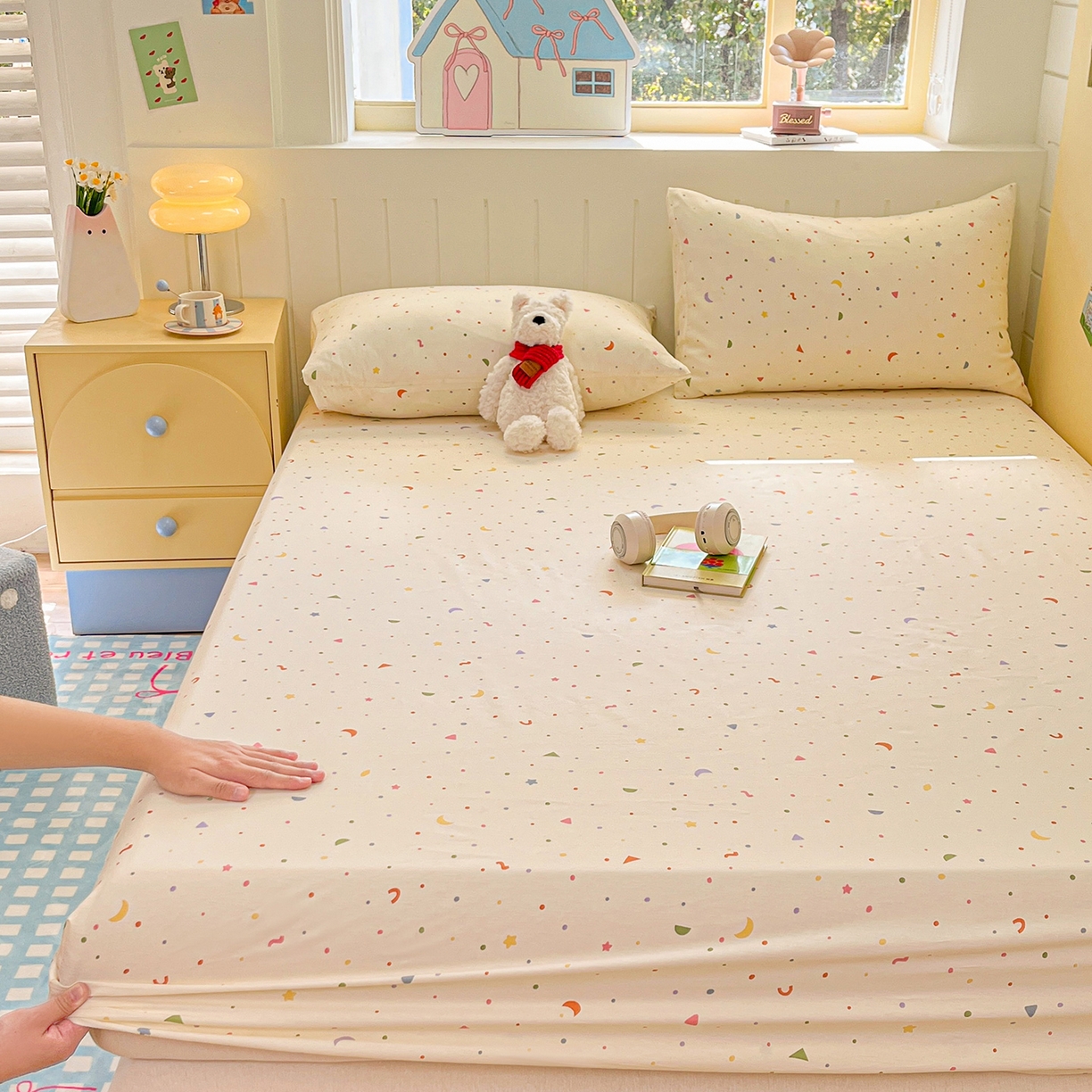 91家纺网 家纺一手货源 找家纺 瑞莱 2026新款纯棉全棉单品印花卡通床笠枕套系列 繁星点点