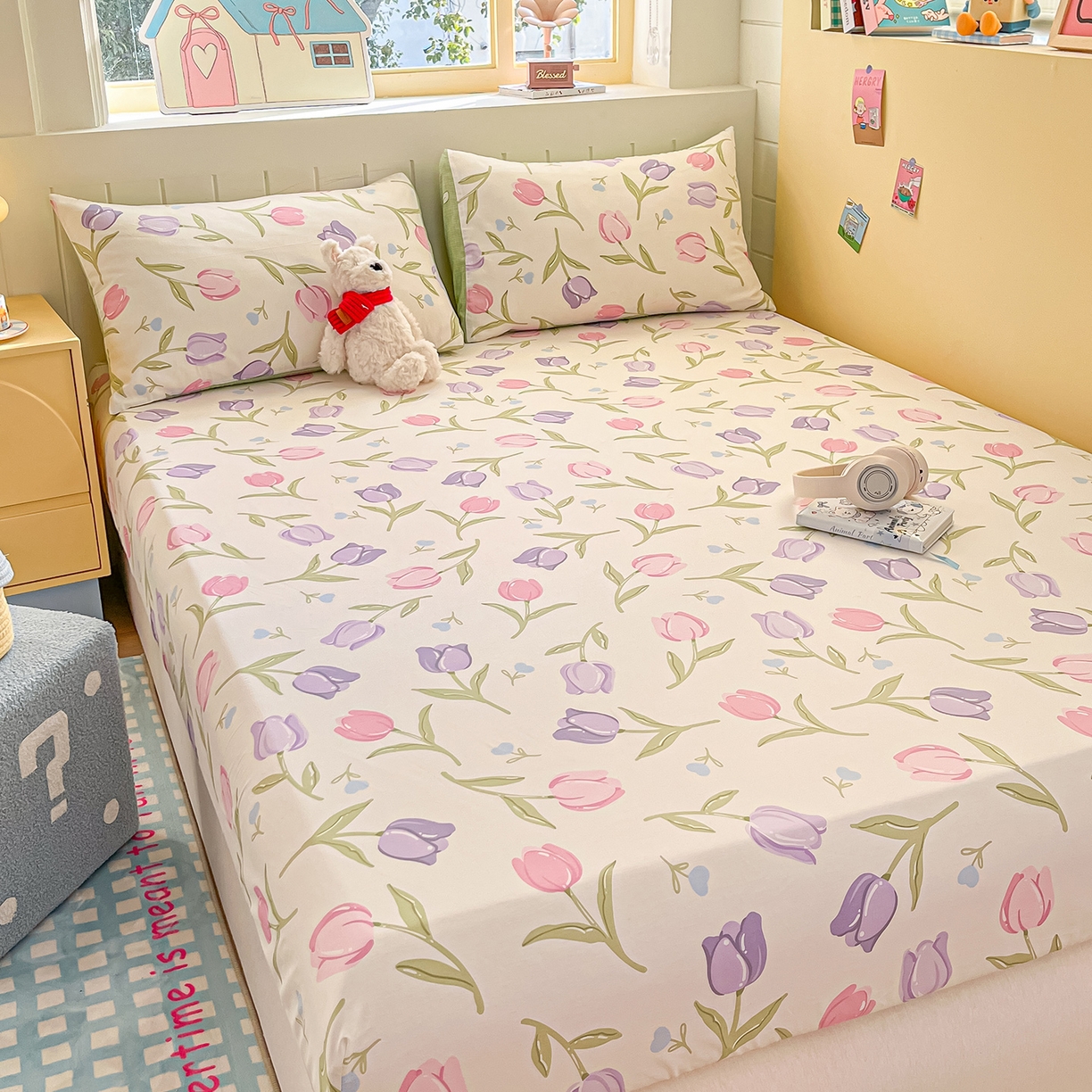 91家纺网 家纺一手货源 找家纺 瑞莱 2026新款纯棉全棉单品印花卡通床笠枕套系列 绽放