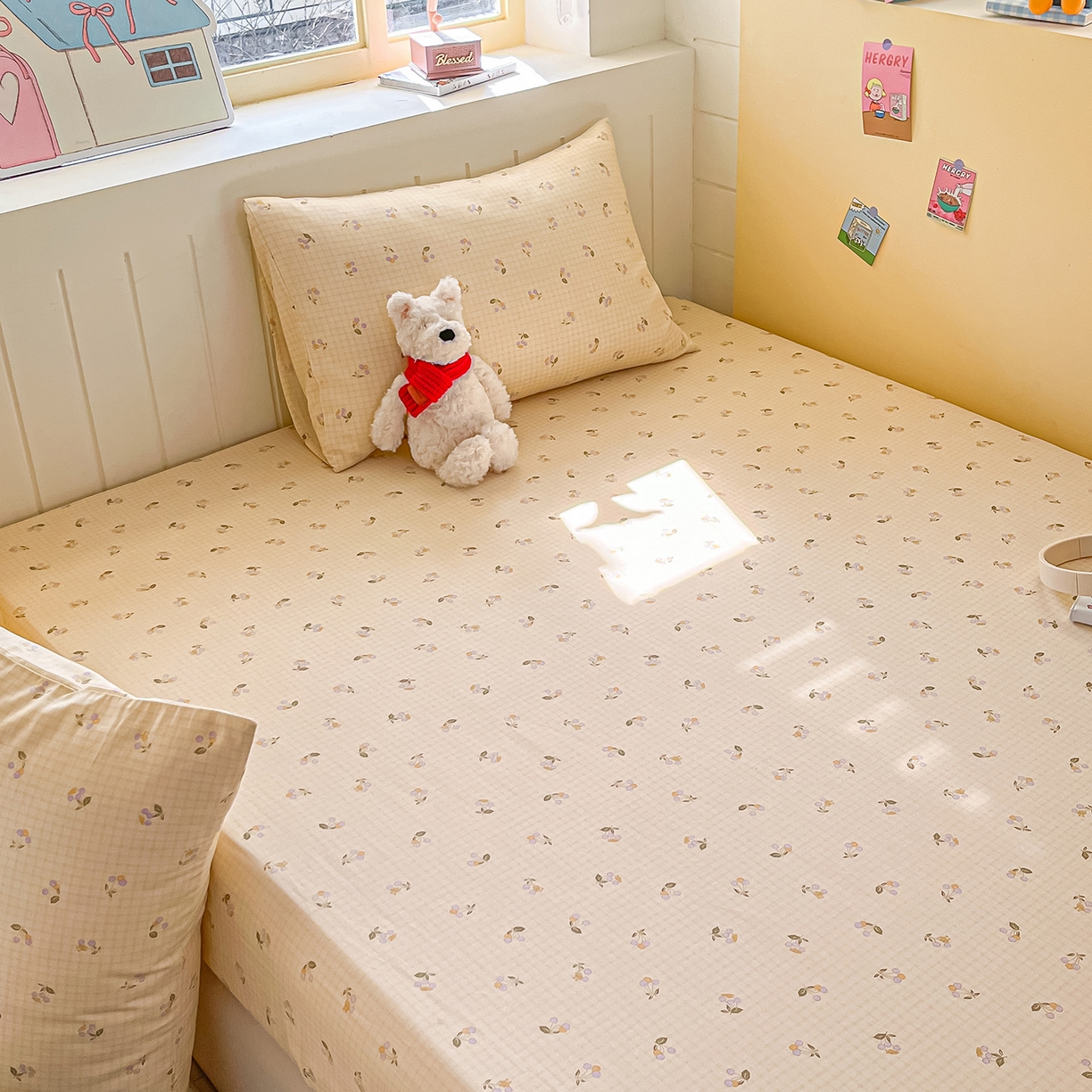 91家纺网 家纺一手货源 找家纺 瑞莱 2026新款纯棉全棉单品印花卡通床笠枕套系列 樱桃格