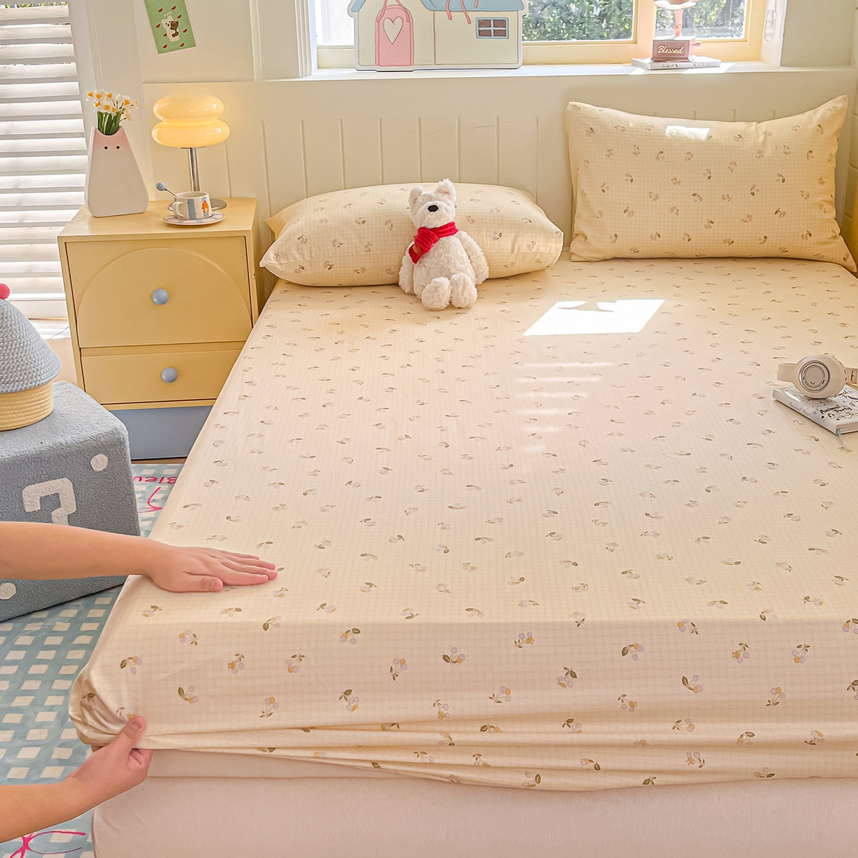 91家纺网 家纺一手货源 找家纺 瑞莱 2026新款纯棉全棉单品印花卡通床笠枕套系列 樱桃格