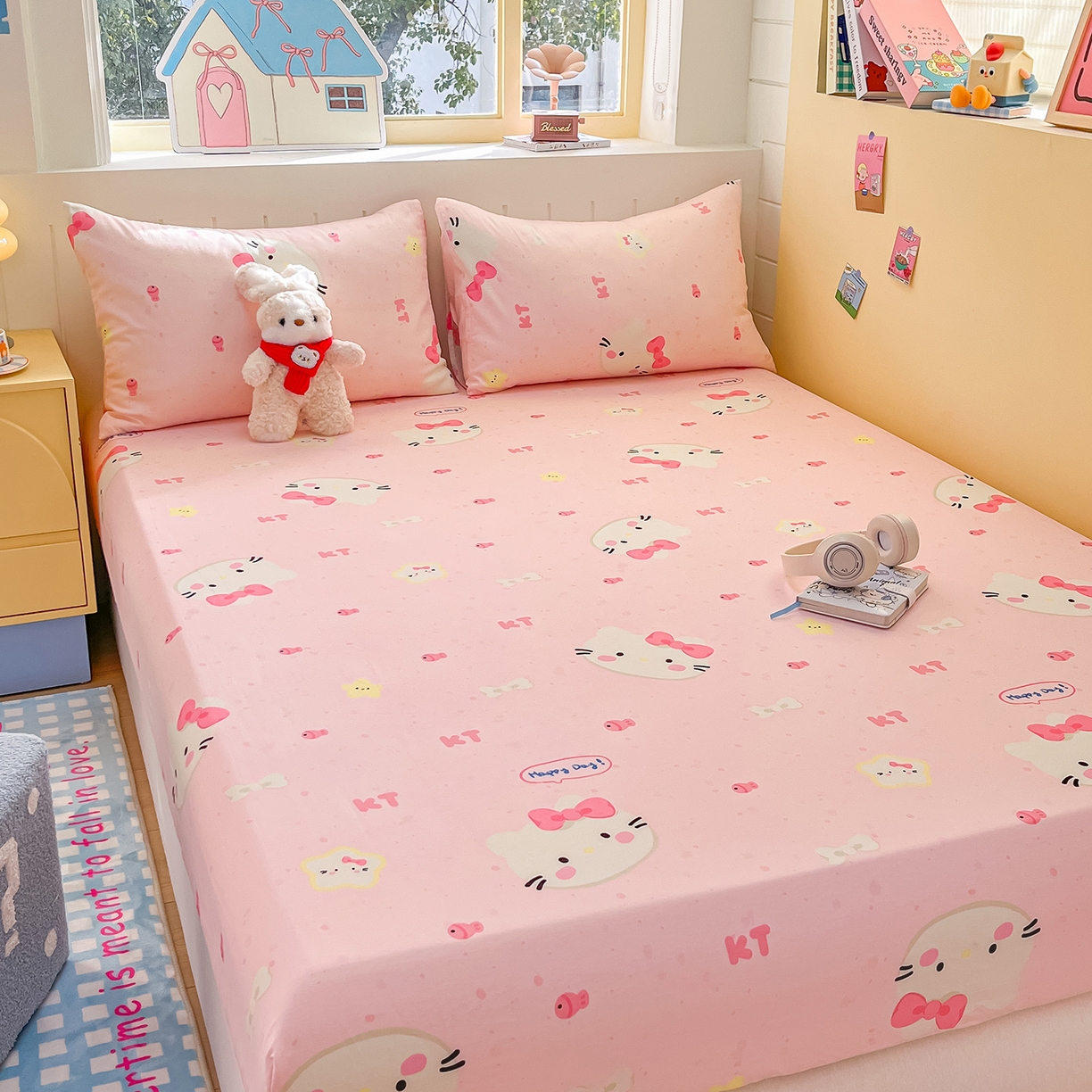 91家纺网 家纺一手货源 找家纺 瑞莱 2026新款纯棉全棉单品印花卡通床笠枕套系列 蝴蝶结猫咪