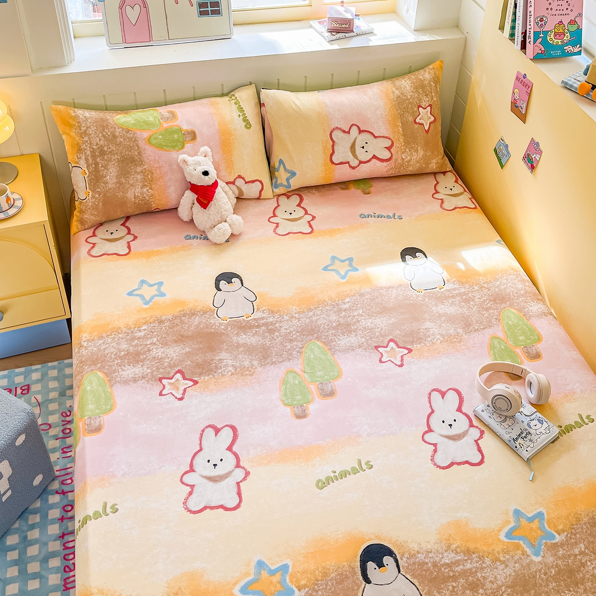 91家纺网 家纺一手货源 找家纺 瑞莱 2026新款纯棉全棉单品印花卡通床笠枕套系列 呆萌企鹅