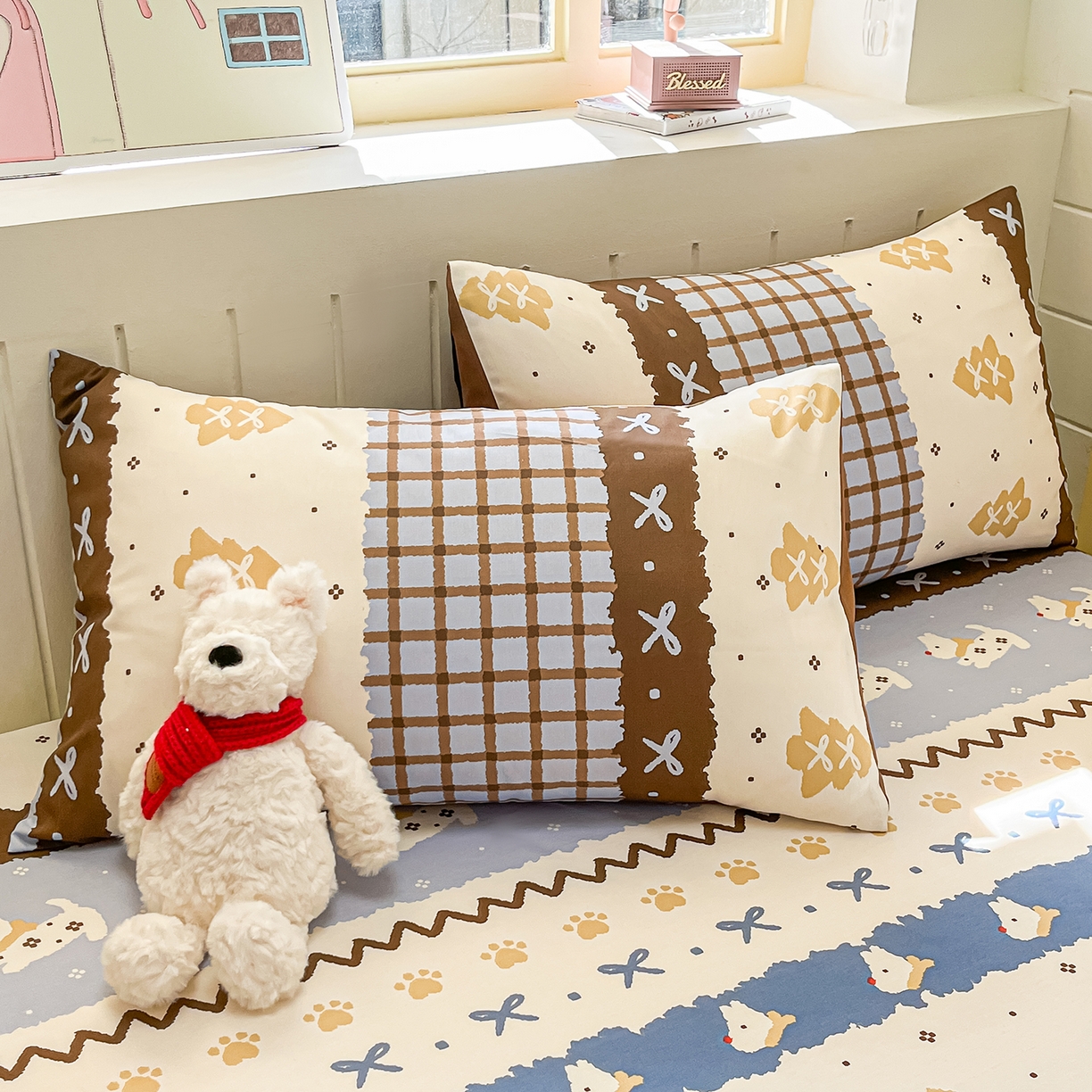 91家纺网 家纺一手货源 找家纺 瑞莱 2026新款纯棉全棉单品印花卡通床笠枕套系列 圣诞狗