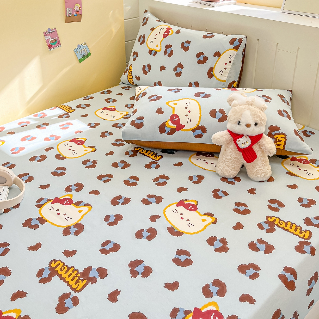 91家纺网 家纺一手货源 找家纺 瑞莱 2026新款纯棉全棉单品印花卡通床笠枕套系列 千禧猫