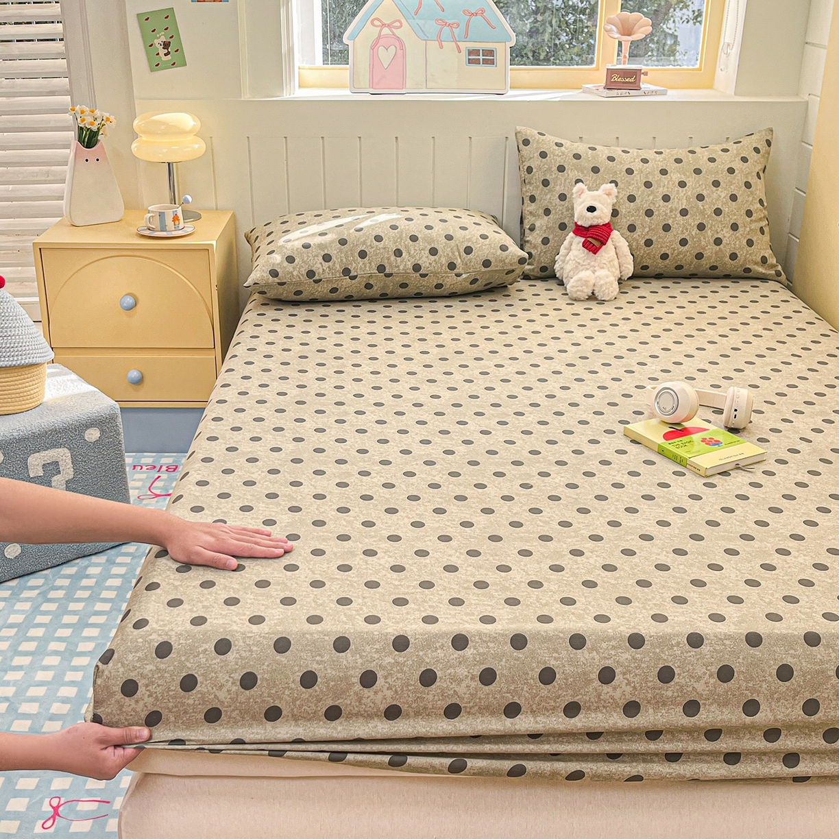 91家纺网 家纺一手货源 找家纺 瑞莱 2026新款纯棉全棉单品印花卡通床笠枕套系列 圆点点