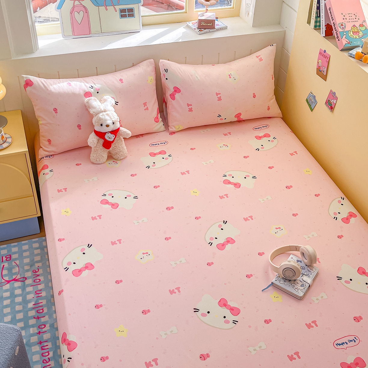 91家纺网 家纺一手货源 找家纺 瑞莱 2026新款纯棉全棉单品印花卡通床笠枕套系列 蝴蝶结猫咪