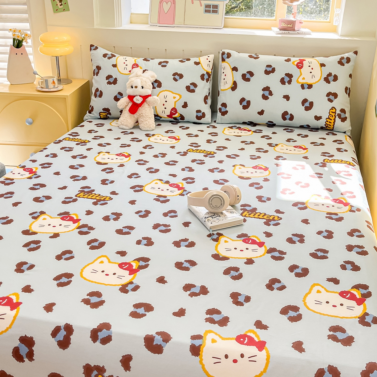 91家纺网 家纺一手货源 找家纺 瑞莱 2026新款纯棉全棉单品印花卡通床笠枕套系列 千禧猫