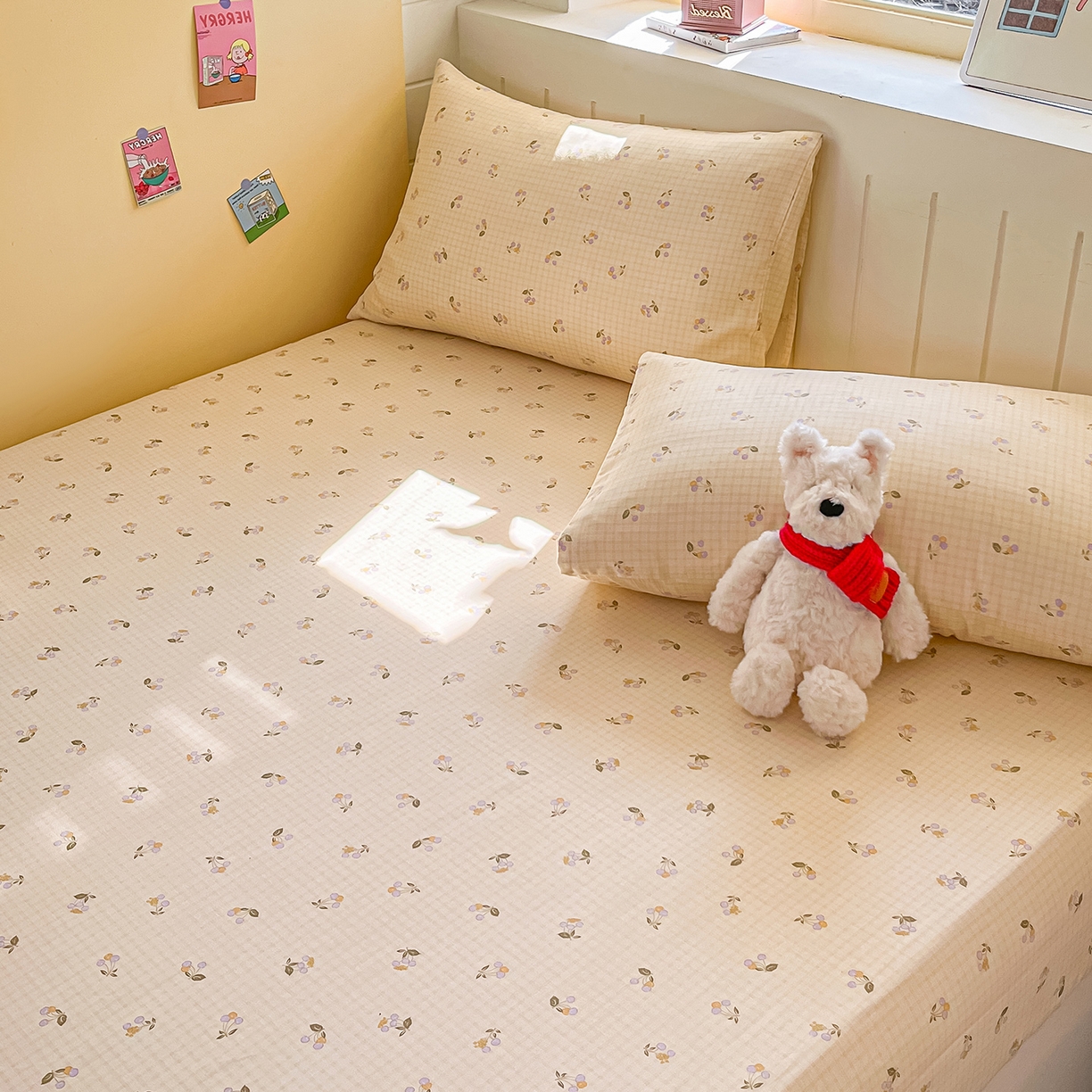 91家纺网 家纺一手货源 找家纺 瑞莱 2026新款纯棉全棉单品印花卡通床笠枕套系列 樱桃格