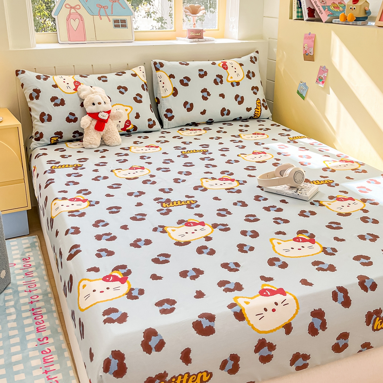 91家纺网 家纺一手货源 找家纺 瑞莱 2026新款纯棉全棉单品印花卡通床笠枕套系列 千禧猫