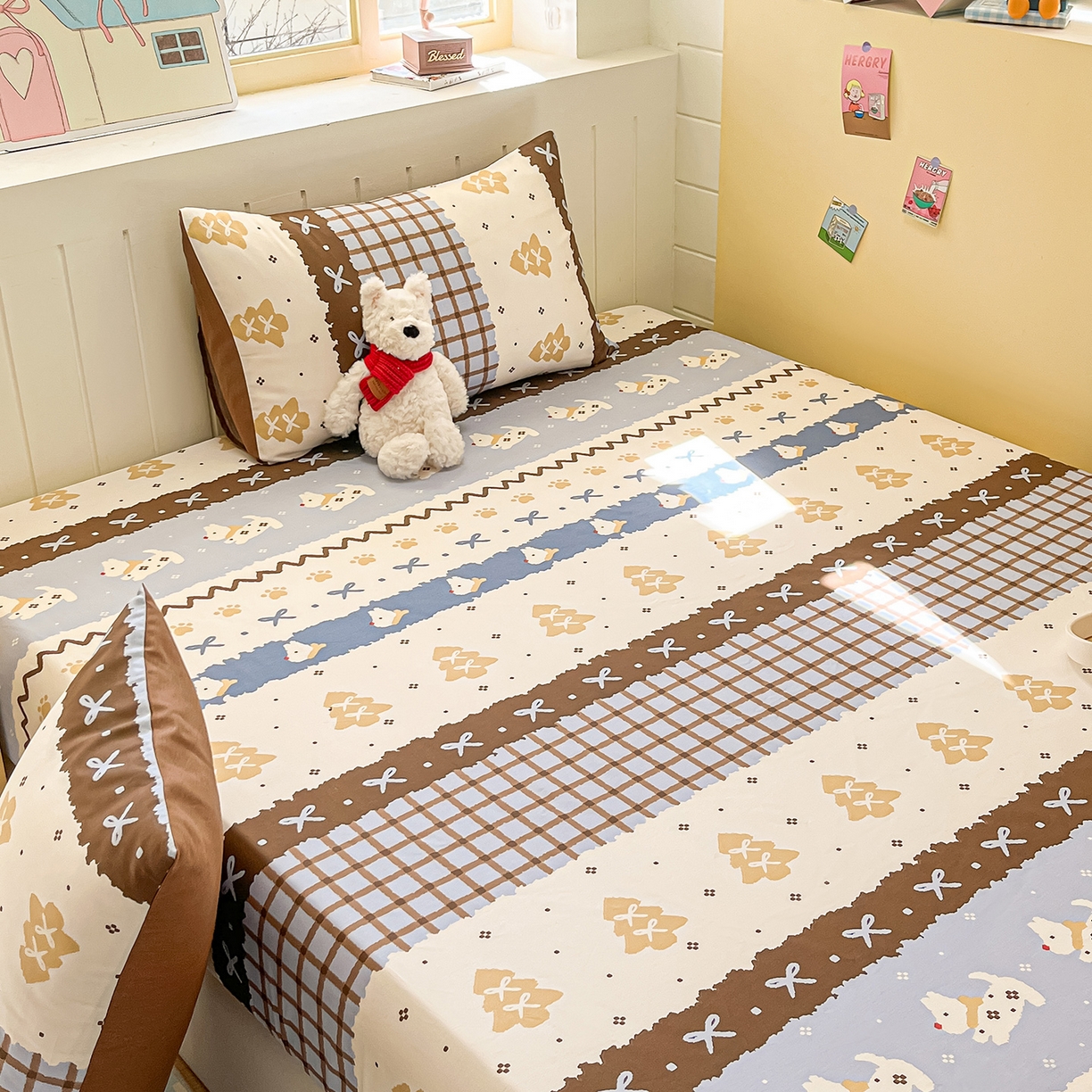 91家纺网 家纺一手货源 找家纺 瑞莱 2026新款纯棉全棉单品印花卡通床笠枕套系列 圣诞狗