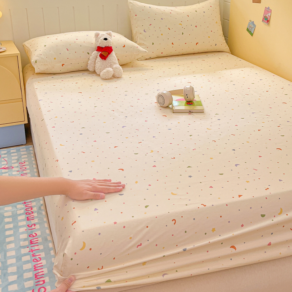 91家纺网 家纺一手货源 找家纺 瑞莱 2026新款纯棉全棉单品印花卡通床笠枕套系列 繁星点点