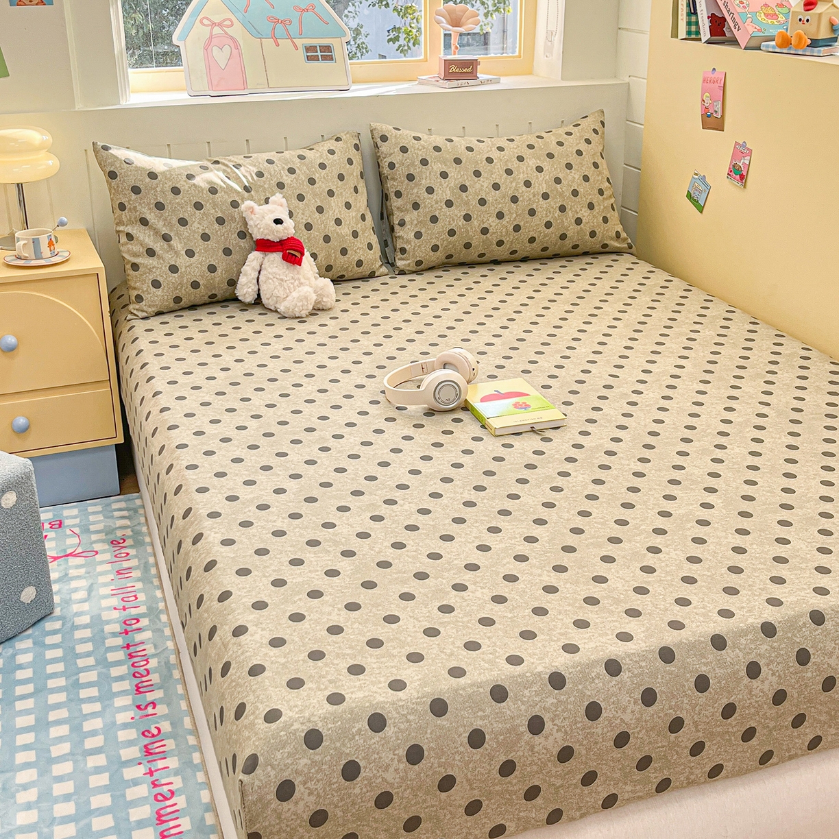 91家纺网 家纺一手货源 找家纺 瑞莱 2026新款纯棉全棉单品印花卡通床笠枕套系列 圆点点