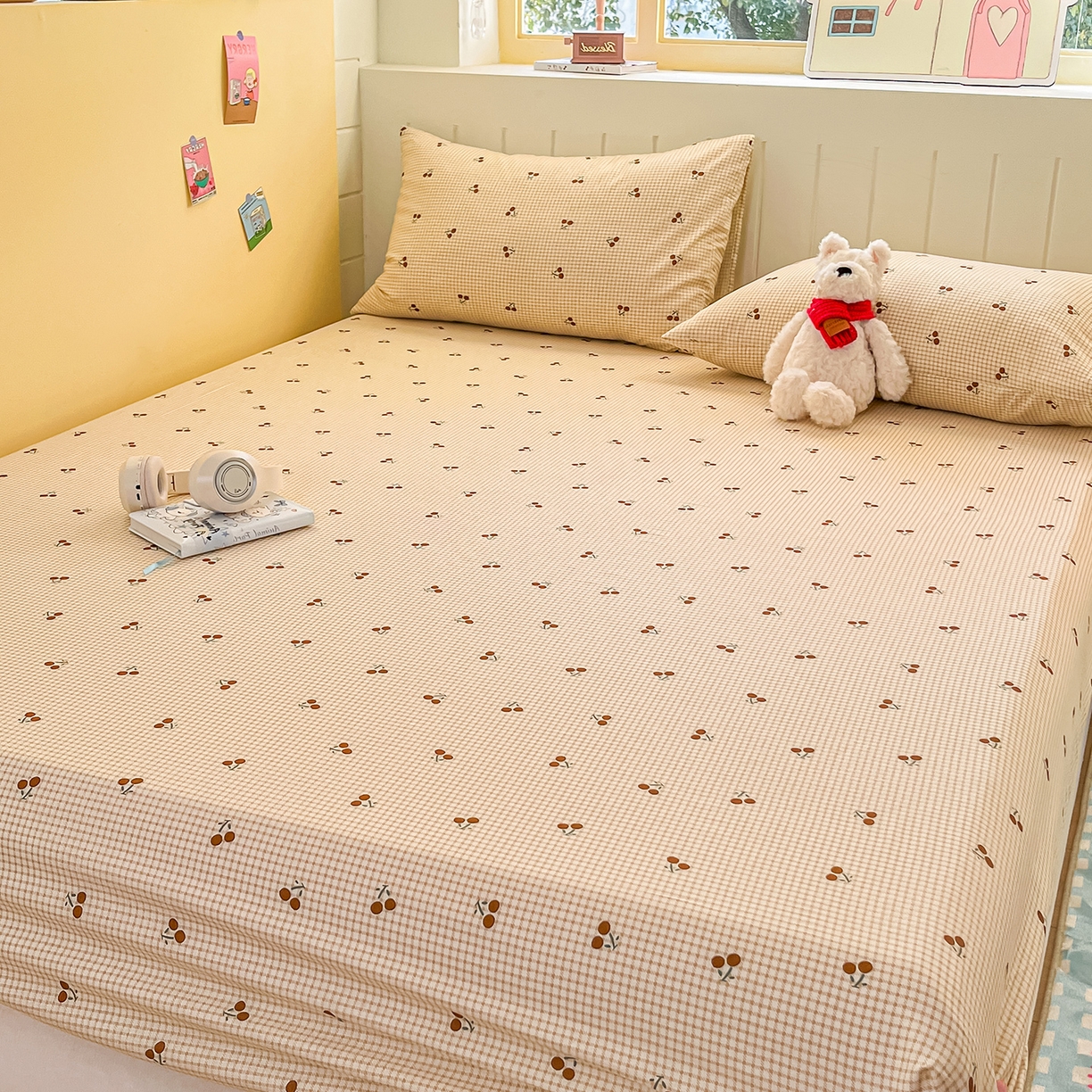 91家纺网 家纺一手货源 找家纺 瑞莱 2026新款纯棉全棉单品印花卡通床笠枕套系列 樱桃点点