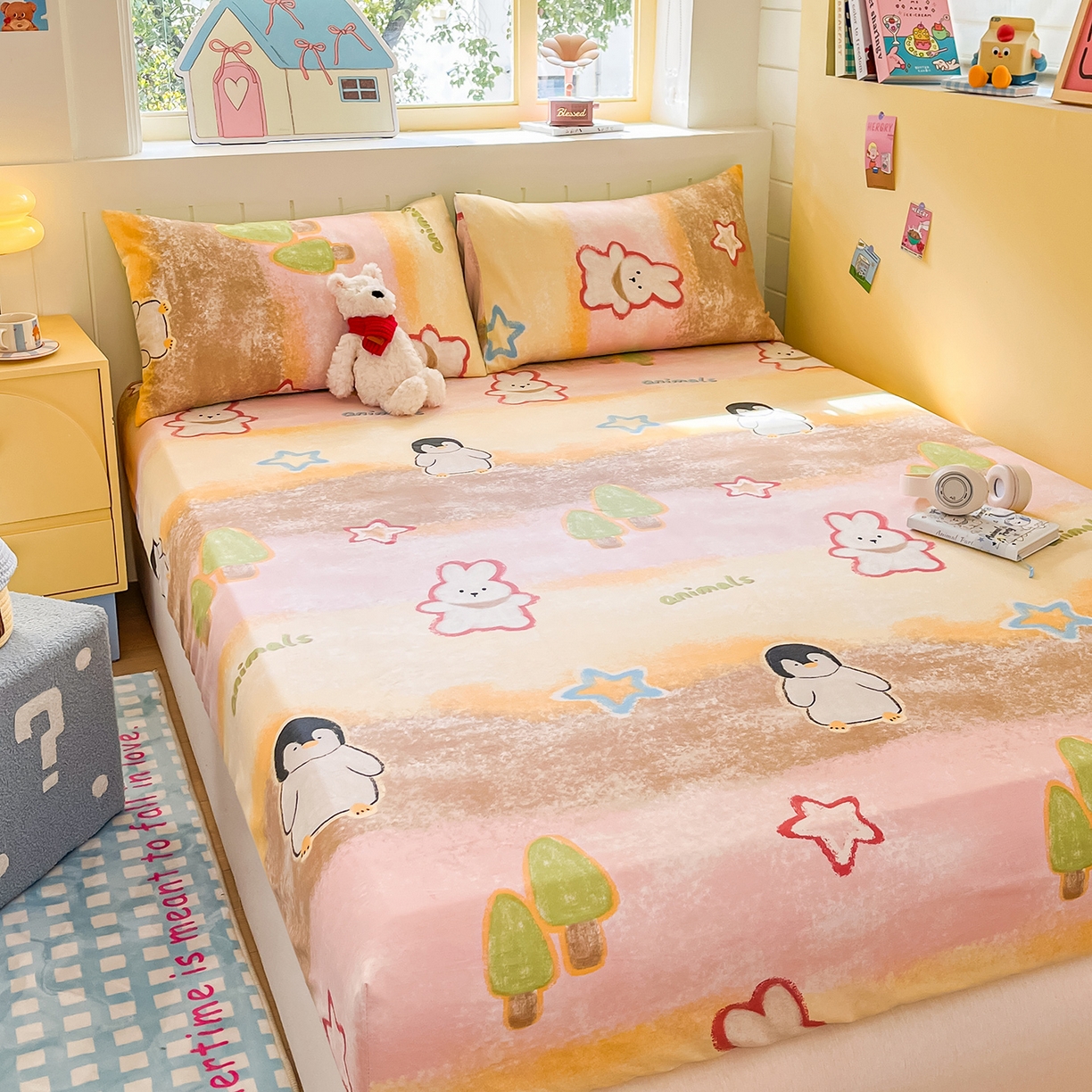 91家纺网 家纺一手货源 找家纺 瑞莱 2026新款纯棉全棉单品印花卡通床笠枕套系列 呆萌企鹅