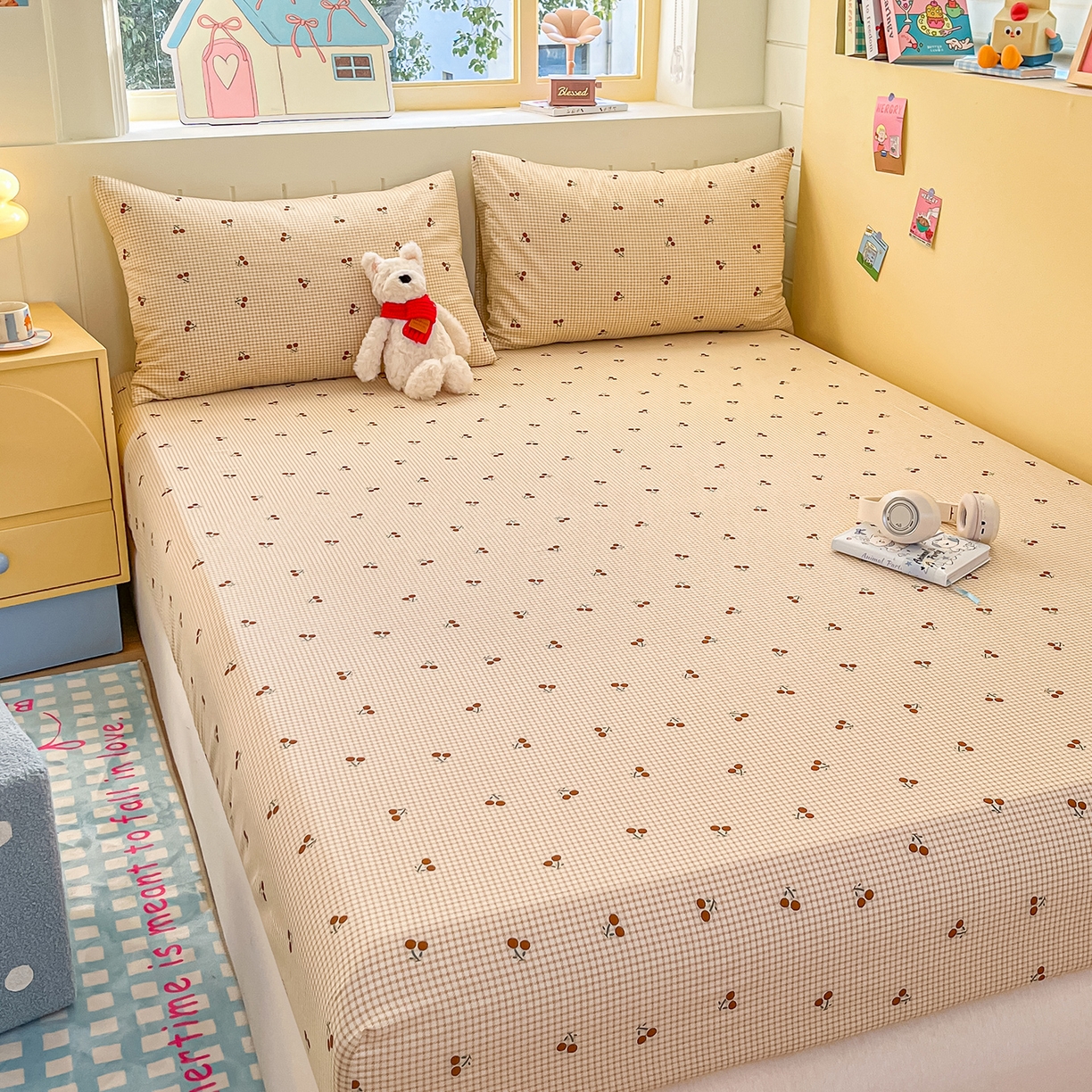 91家纺网 家纺一手货源 找家纺 瑞莱 2026新款纯棉全棉单品印花卡通床笠枕套系列 樱桃点点