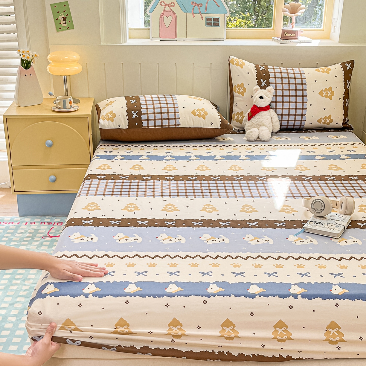 91家纺网 家纺一手货源 找家纺 瑞莱 2026新款纯棉全棉单品印花卡通床笠枕套系列 圣诞狗