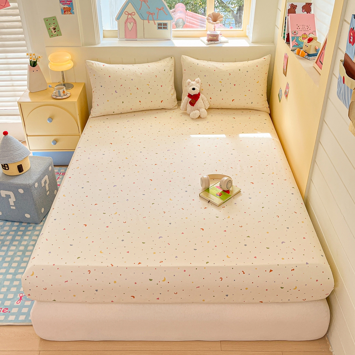 91家纺网 家纺一手货源 找家纺 瑞莱 2026新款纯棉全棉单品印花卡通床笠枕套系列 繁星点点