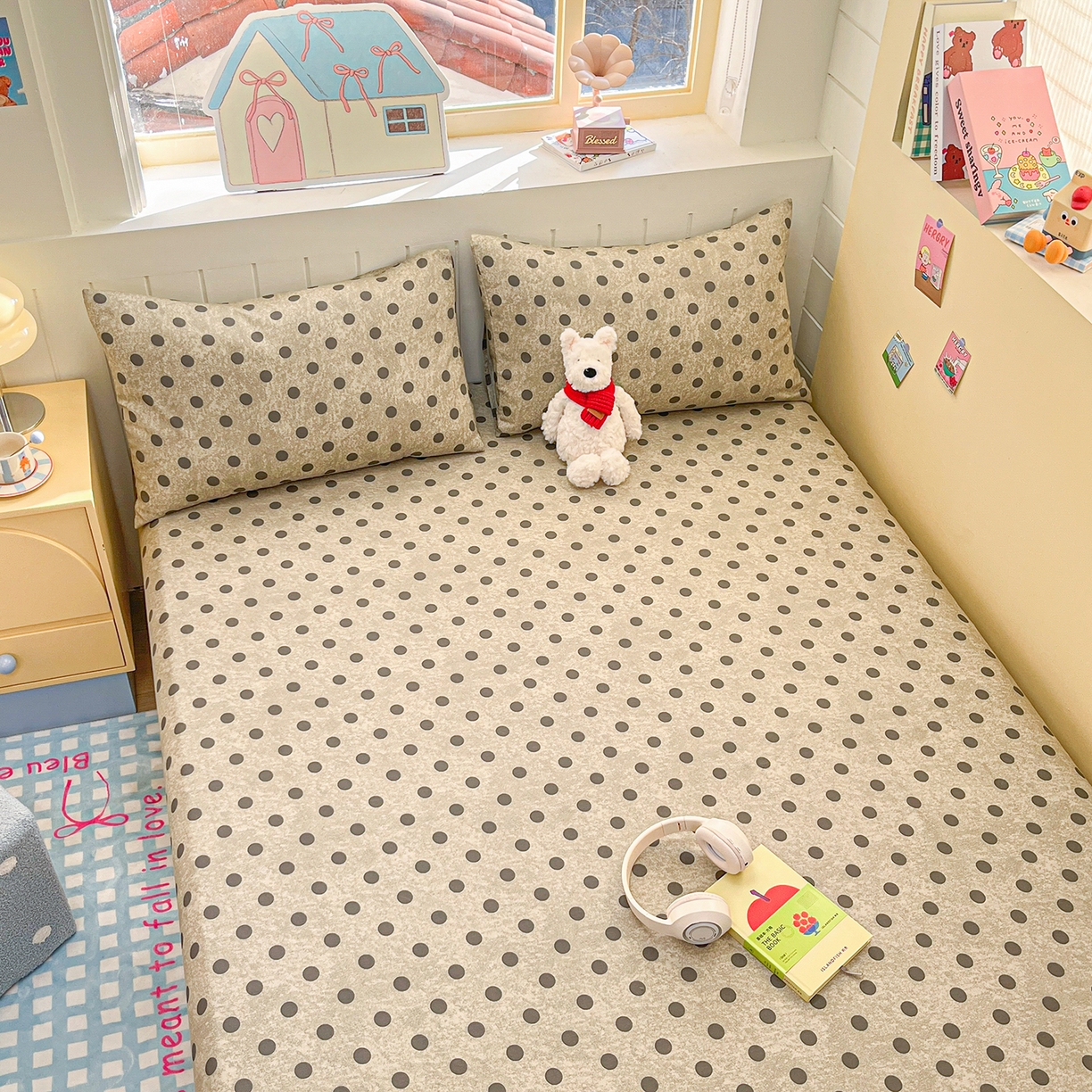 91家纺网 家纺一手货源 找家纺 瑞莱 2026新款纯棉全棉单品印花卡通床笠枕套系列 圆点点