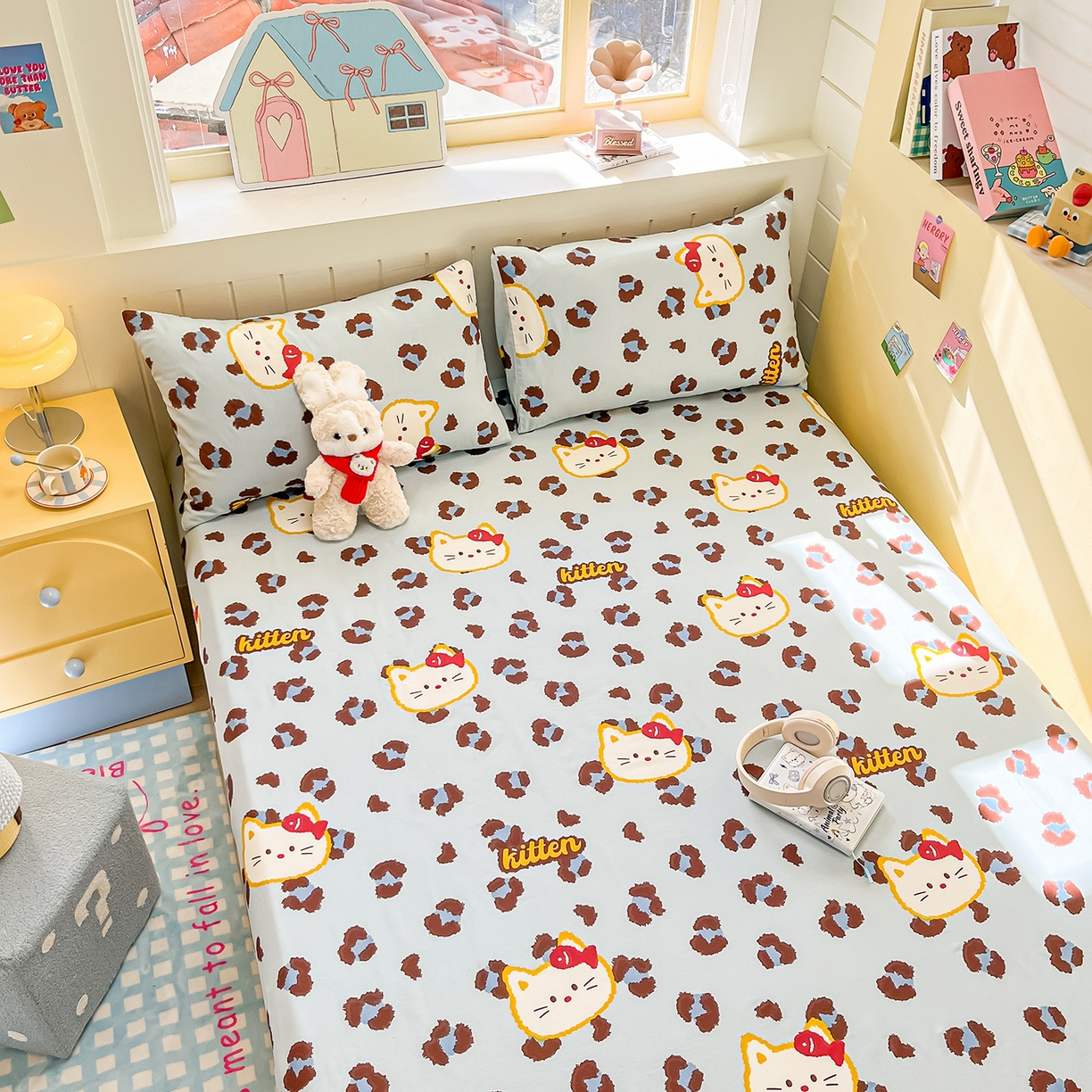 91家纺网 家纺一手货源 找家纺 瑞莱 2026新款纯棉全棉单品印花卡通床笠枕套系列 千禧猫