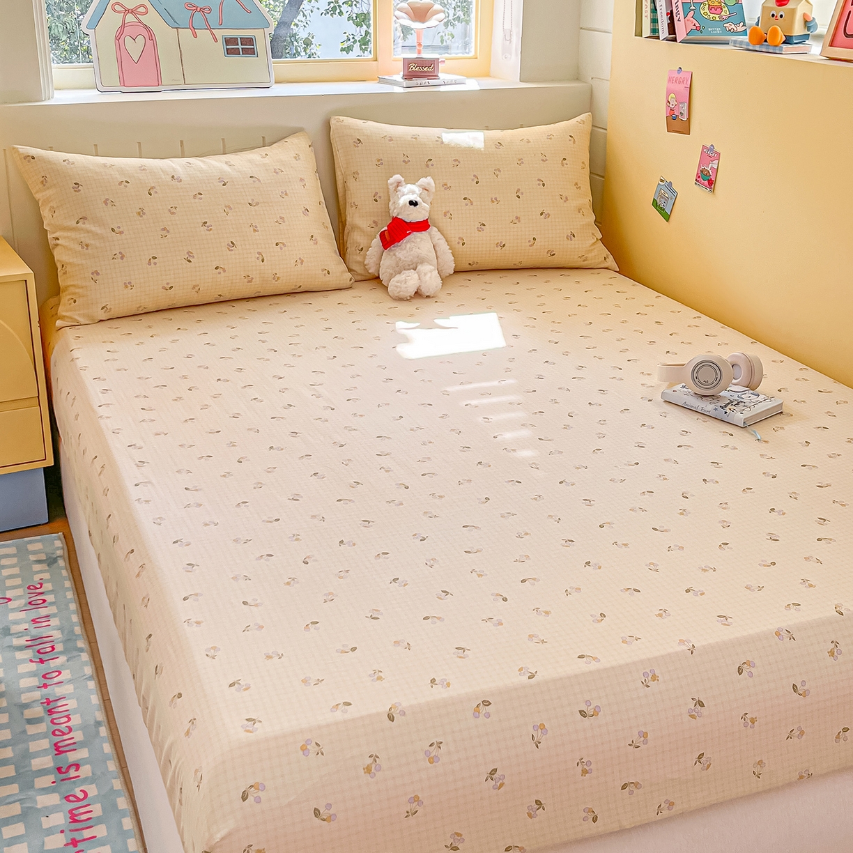 91家纺网 家纺一手货源 找家纺 瑞莱 2026新款纯棉全棉单品印花卡通床笠枕套系列 樱桃格