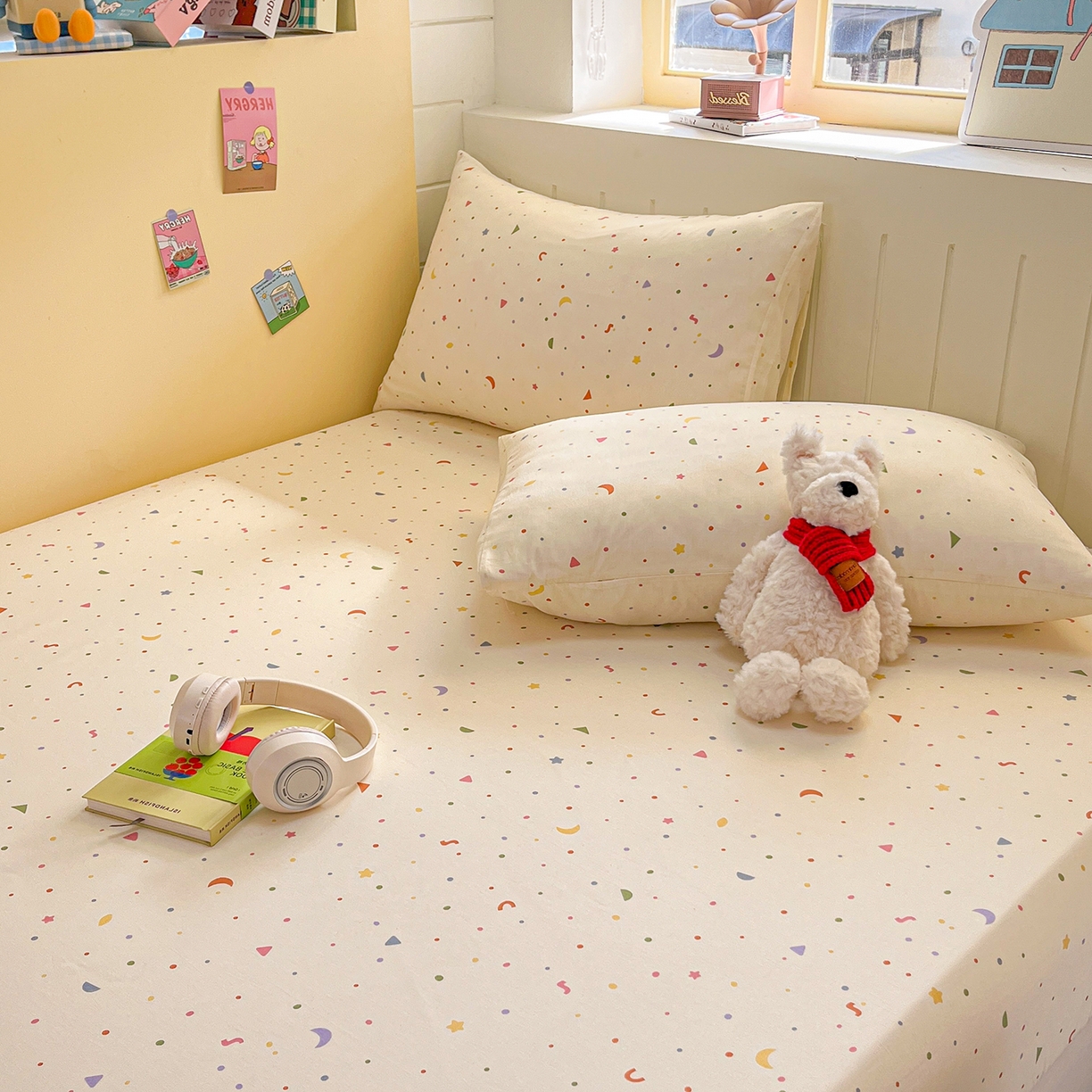 91家纺网 家纺一手货源 找家纺 瑞莱 2026新款纯棉全棉单品印花卡通床笠枕套系列 繁星点点