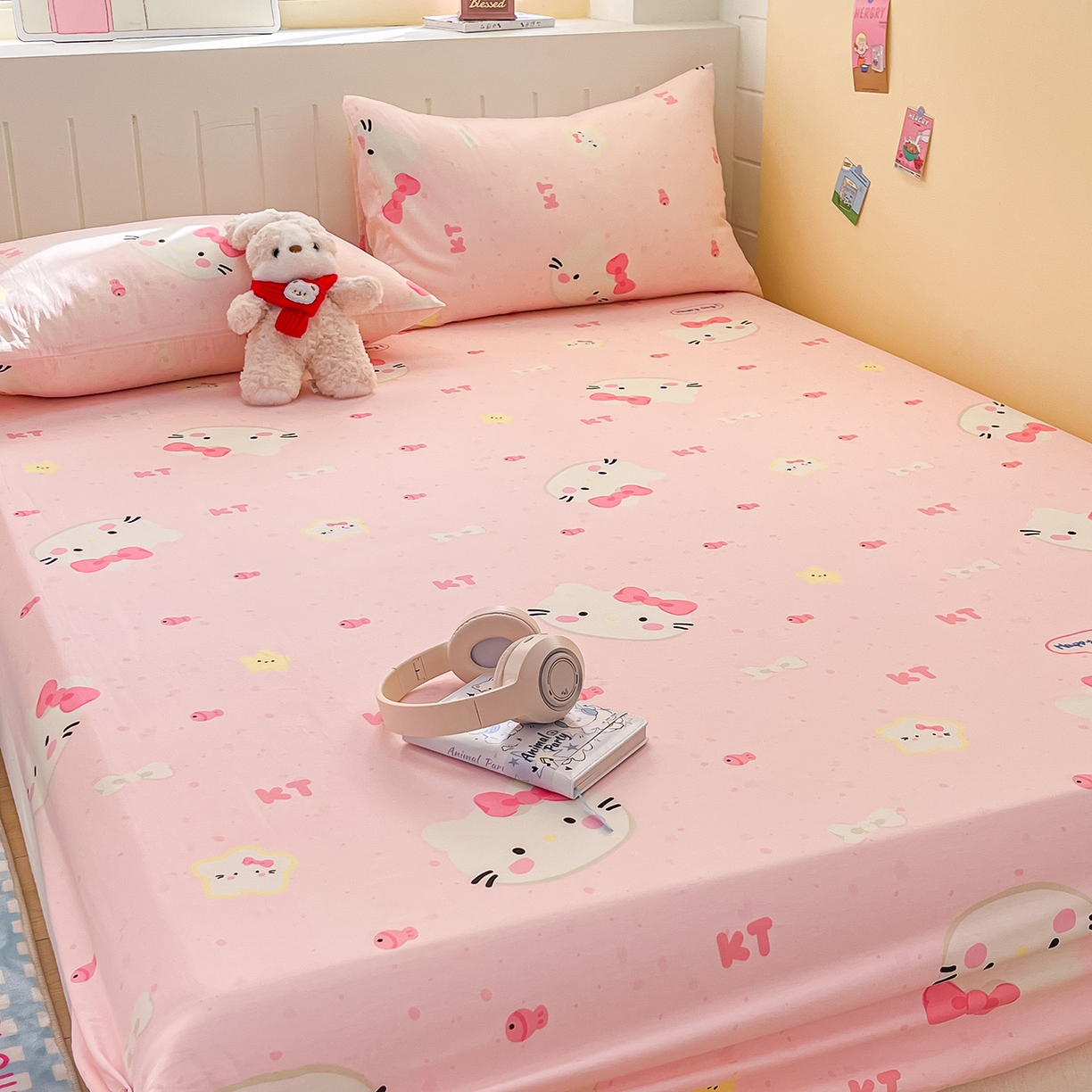 91家纺网 家纺一手货源 找家纺 瑞莱 2026新款纯棉全棉单品印花卡通床笠枕套系列 蝴蝶结猫咪