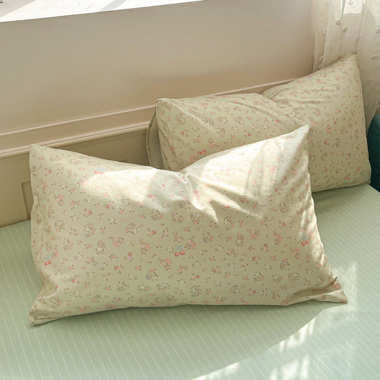 柠馨 2026春夏新款13372全棉纯棉印花单枕套 枕套单件-芙拉系列 青筠