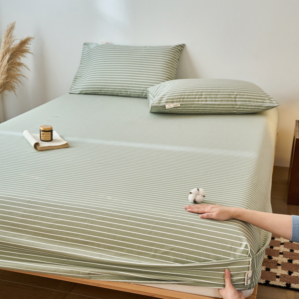 91家纺网 家纺一手货源 找家纺 春皖家纺 2026春夏新品简约款老粗布系列床笠品单床笠 床笠单件 细川-绿