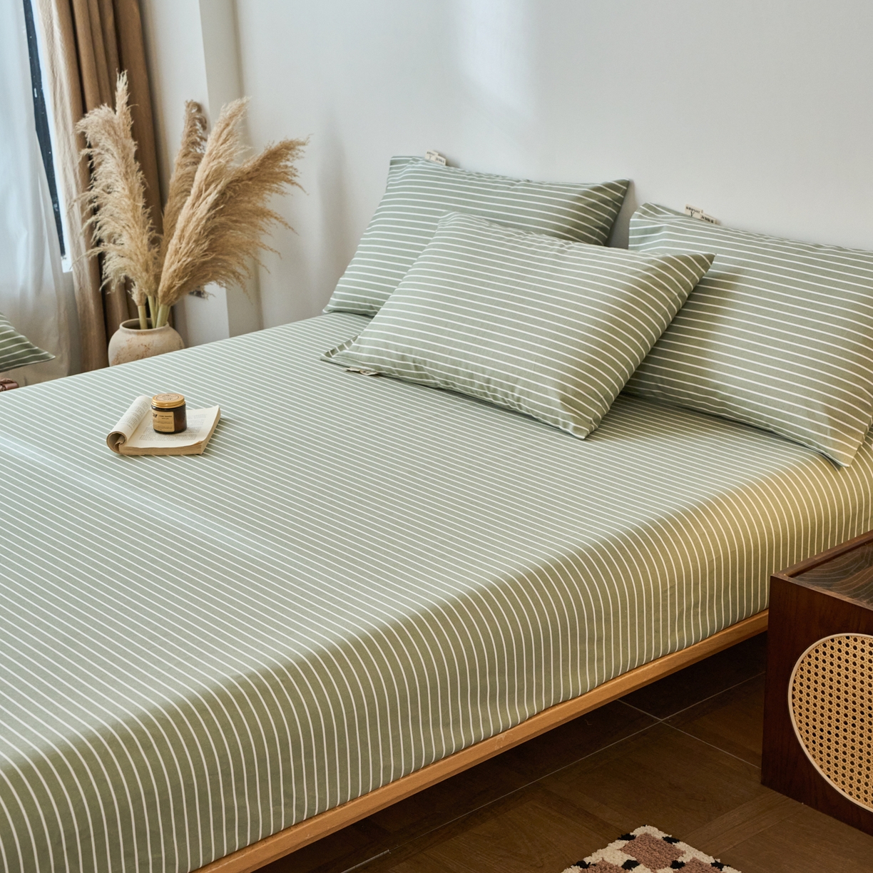 91家纺网 家纺一手货源 找家纺 春皖家纺 2026春夏新品简约款老粗布系列床笠品单床笠 床笠单件 细川-绿