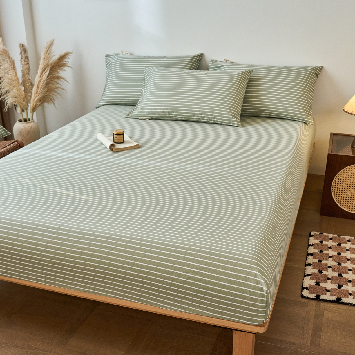 91家纺网 家纺一手货源 找家纺 春皖家纺 2026春夏新品简约款老粗布系列床笠品单床笠 床笠单件 细川-绿