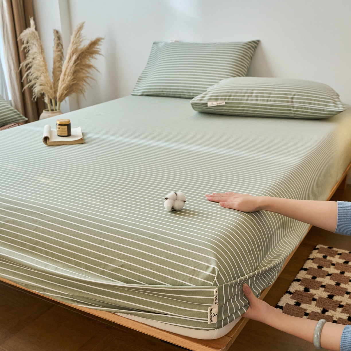 91家纺网 家纺一手货源 找家纺 春皖家纺 2026春夏新品简约款老粗布系列床笠品单床笠 床笠单件 细川-绿