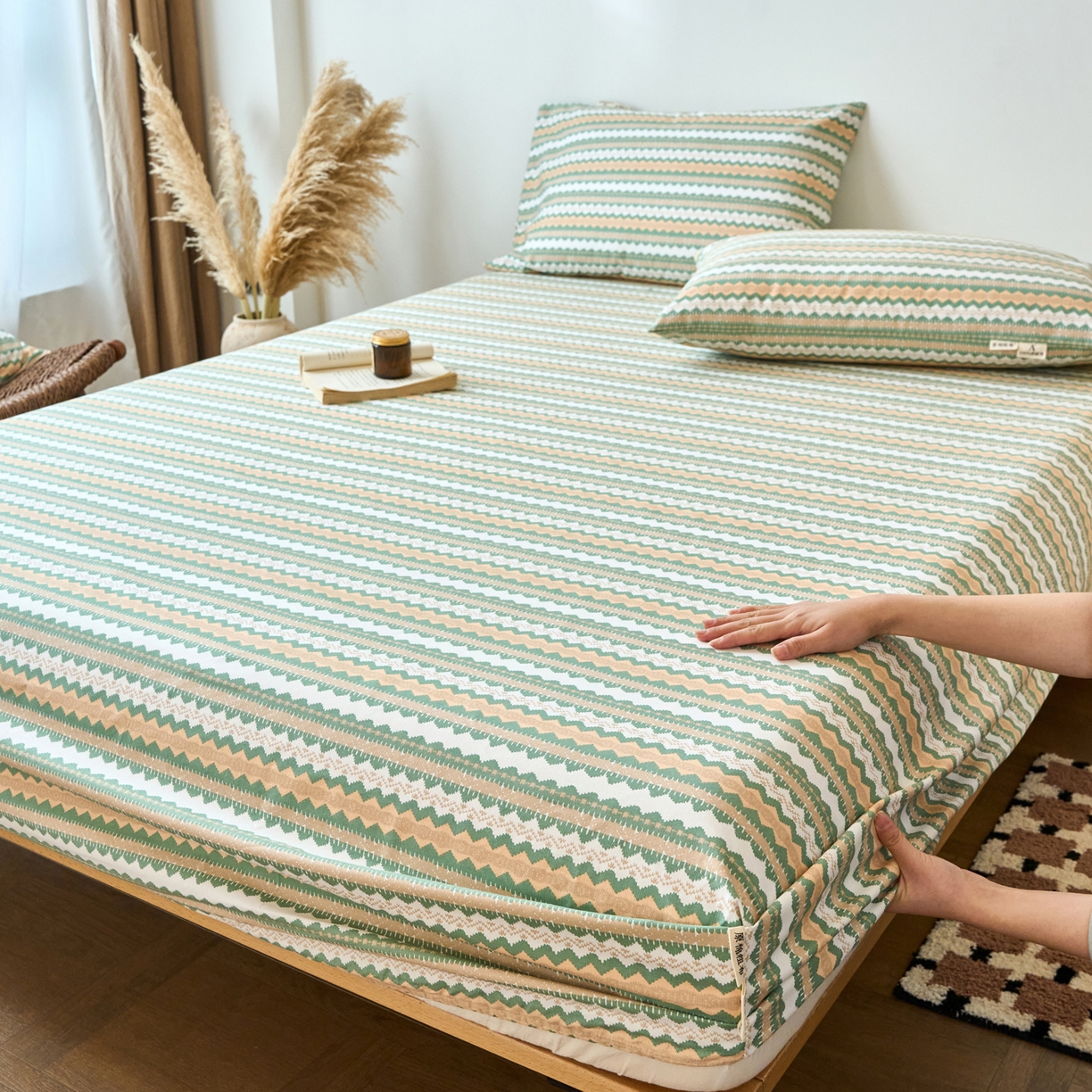 91家纺网 家纺一手货源 找家纺 春皖家纺 2026春夏新品简约款老粗布系列床笠品单床笠 床笠单件 羽安-绿