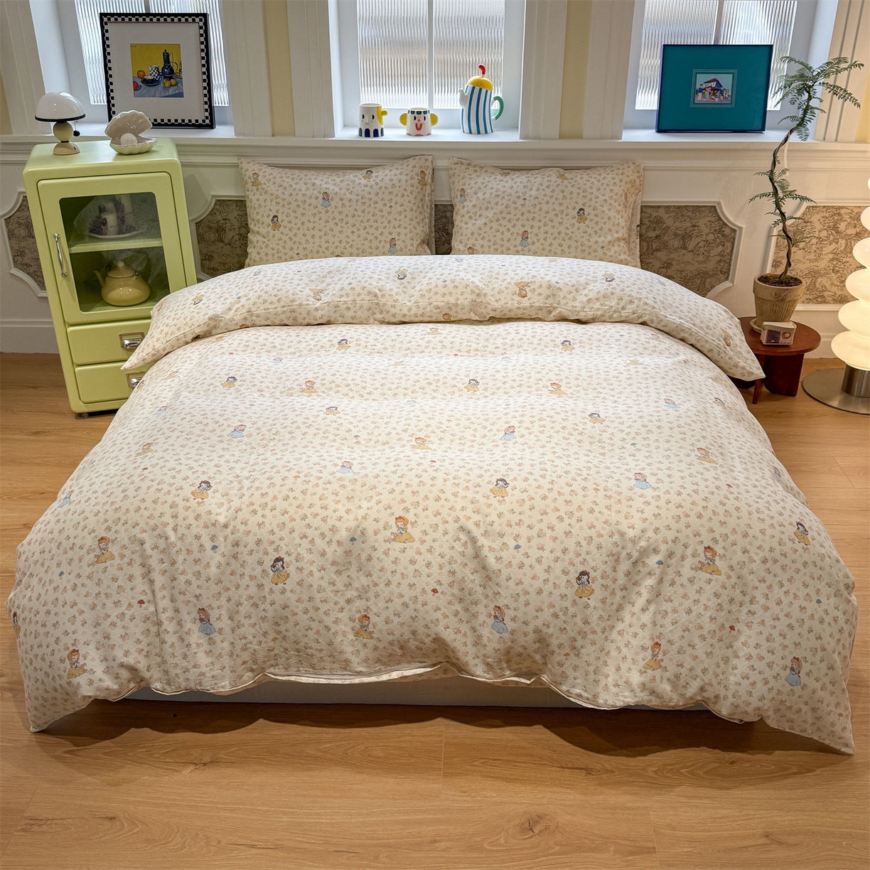 91家纺网 家纺一手货源 找家纺 塞纳 2026新款.全棉有氧双层纱四件套-场景一 花田公主梦