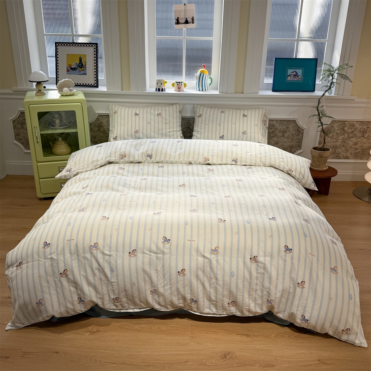 91家纺网 家纺一手货源 找家纺 塞纳 2026新款.全棉有氧双层纱四件套-场景一 晴空海岸线