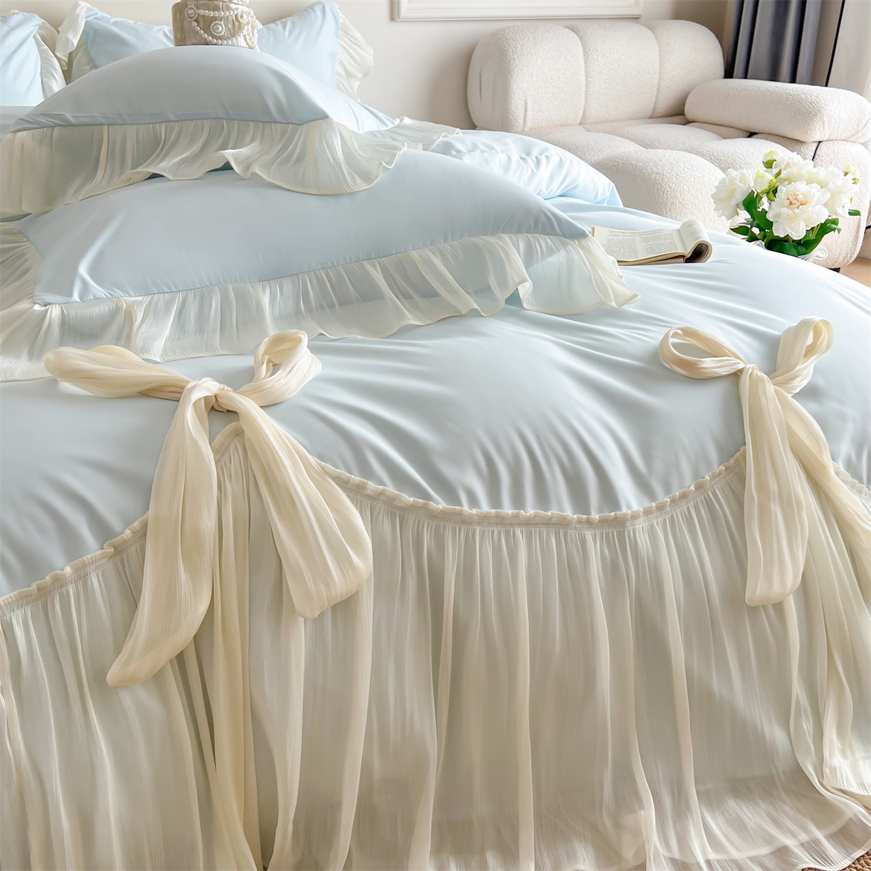 91家纺网 家纺一手货源 找家纺 吾欢心 2026春夏新款公主风索菲亚四件套 索菲亚蓝